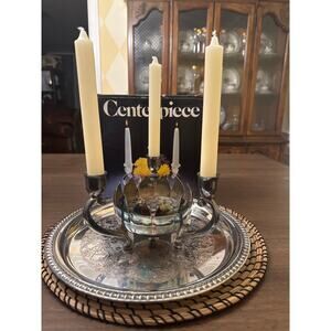 Vintage Leonard Silverplate 3 Arm Candle Centerpiece Pierced Bowl w Box